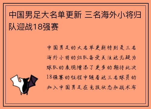 中国男足大名单更新 三名海外小将归队迎战18强赛